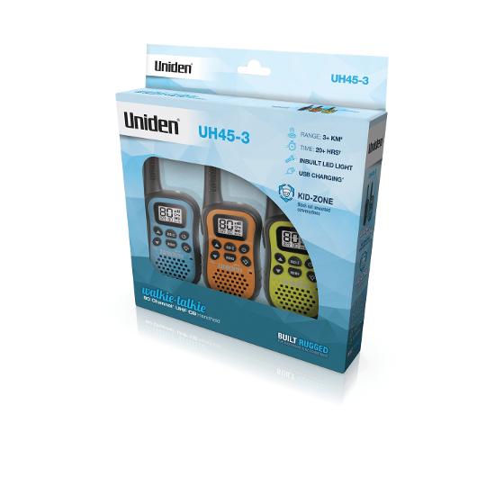 Uniden Walkie Talkie – 3 Pack UH45-3 3KM Range USB LED UHF Handheld CB Radio Uniden Walkie Talkie – 3 Pack UH45-3 3KM Range USB LED UHF Handheld CB Radio